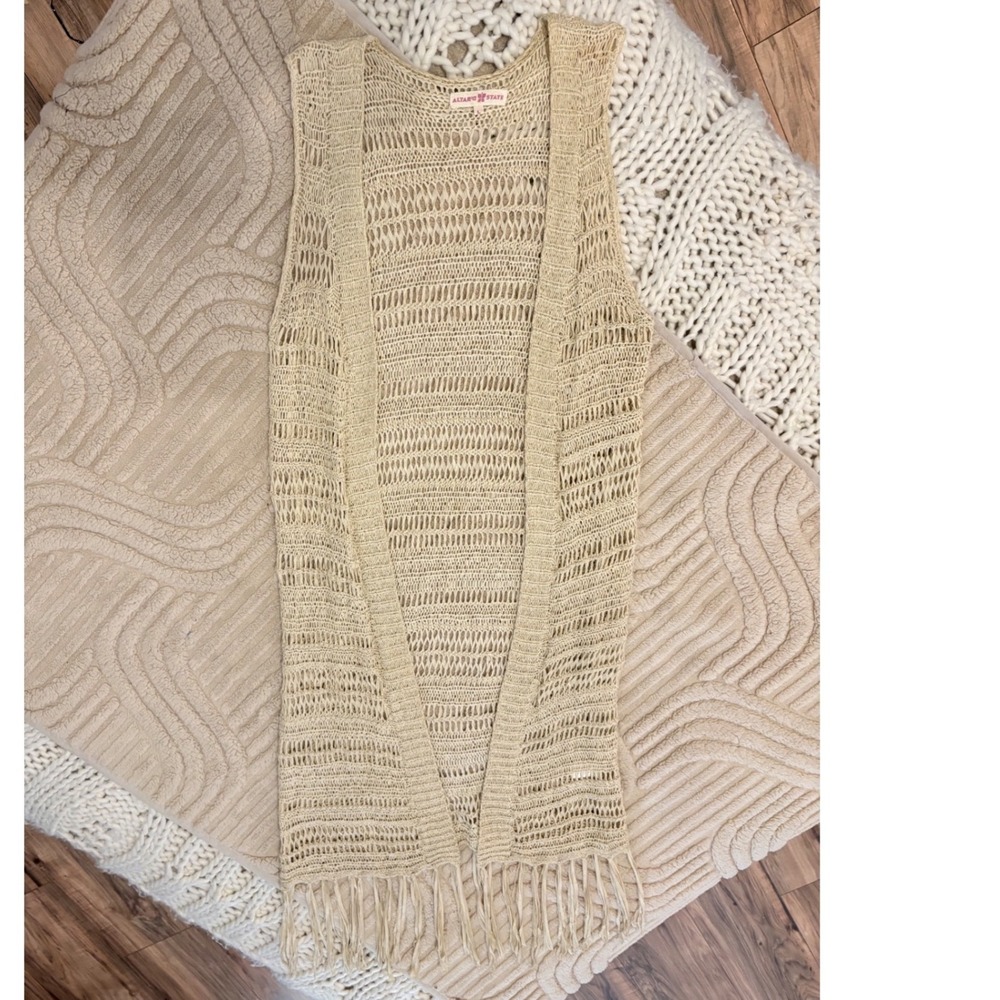 Altar'd State Cream Crochet Knit Fringe Vest Boho‎ Open Front Longline